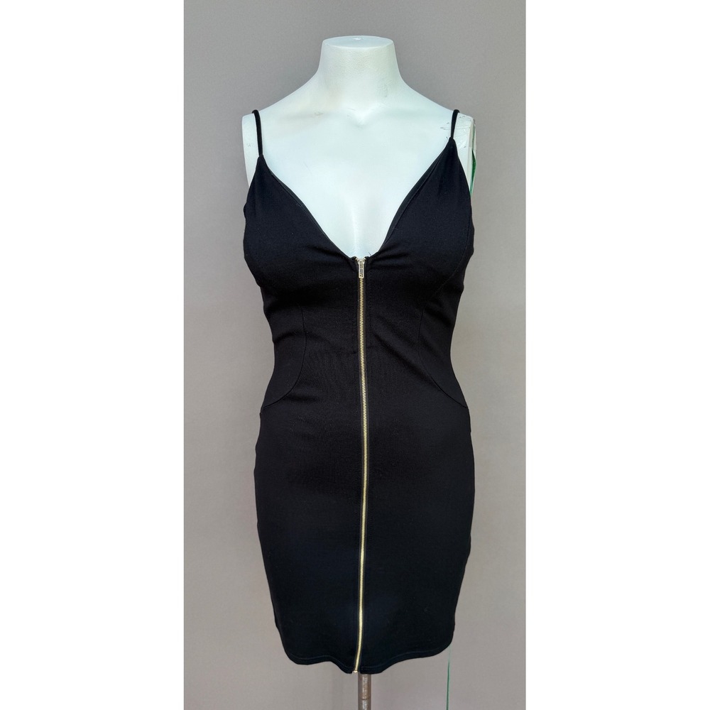 Haute Monde Black Zip Front Bodycon Mini Dress L Gold Zipper Clubwear Goth Edgy